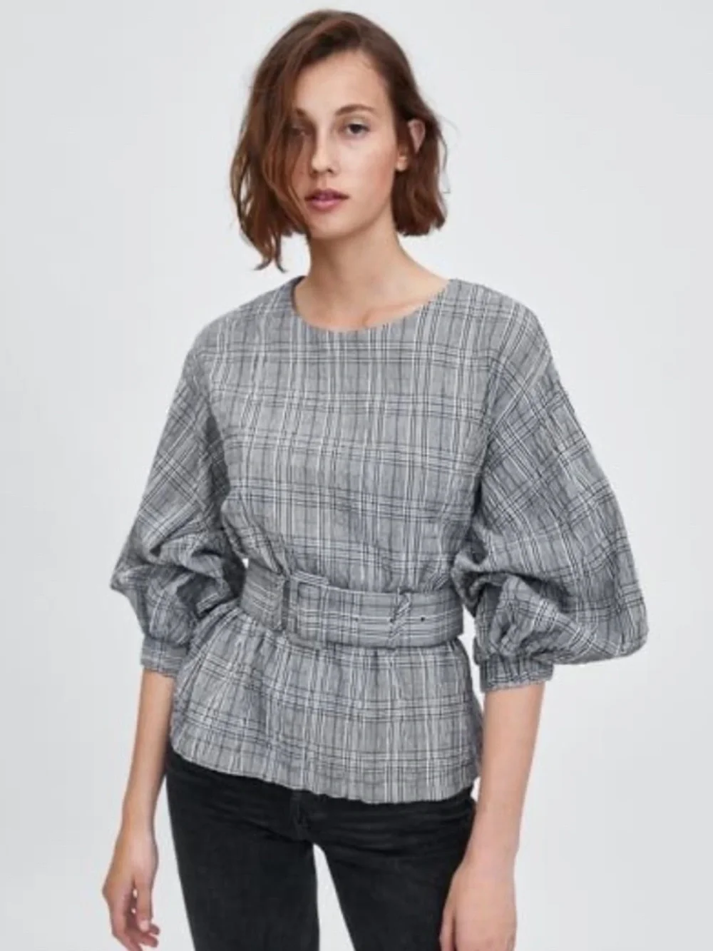 Zara TRF Plaid Balloon Sleeve Belted Blouse Top Black White Zipper Back Sz M